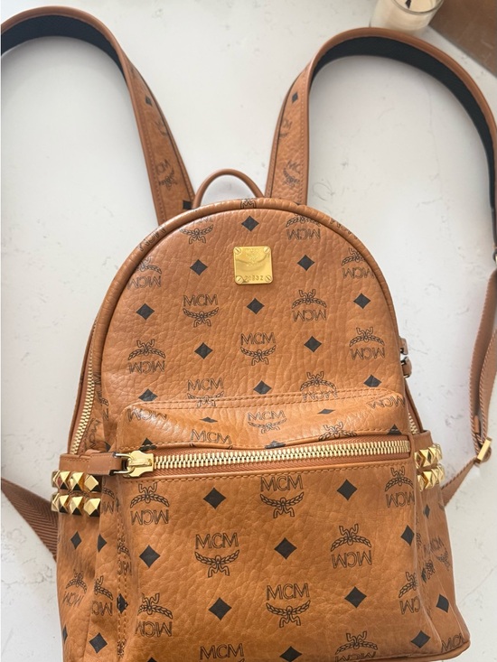 MCM Handbags - MCM Cognac Logo-Print Studded Mini Backpack